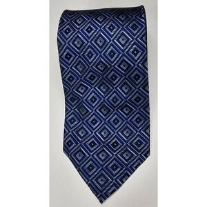 Hermoso New York Tie 100% Silk Blue Black Squares Geometric‎ Design 59"x3.5"